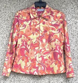 Patchington Petite Floral Jacket SP Small Pink Orange Cotton Zip Front Blouson